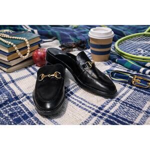 Vaneli Black Leather Horsebit Mule Loafers Women’s 7N Slip On Almond Toe Preppy